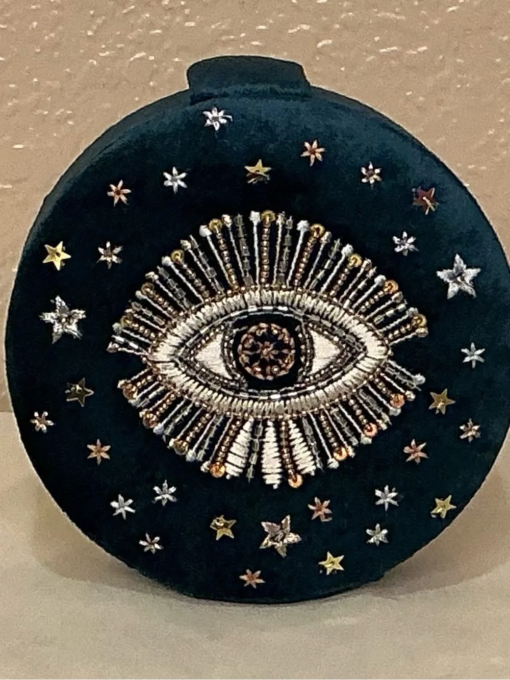 Beaded and Embroidered Dark Teal Velvet Evil Eye Round Jewelry Case